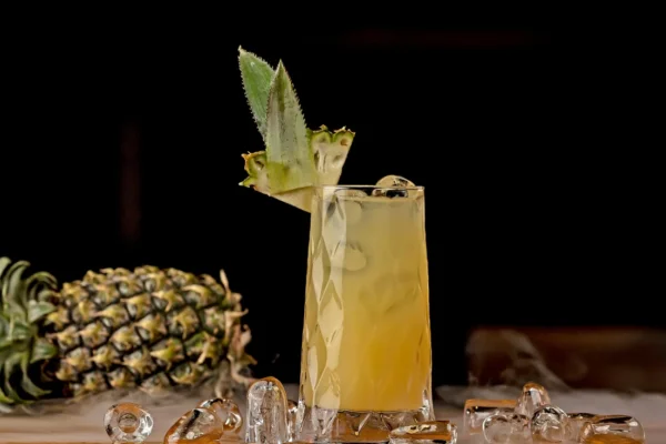 Copo de suco de abacaxi fresco com fatias da fruta, destacando os benefícios do suco de abacaxi para a saúde.