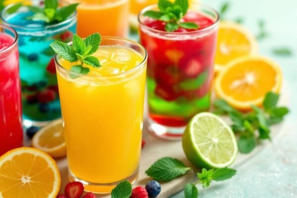 Sucos digestivos coloridos com frutas e ervas frescas.