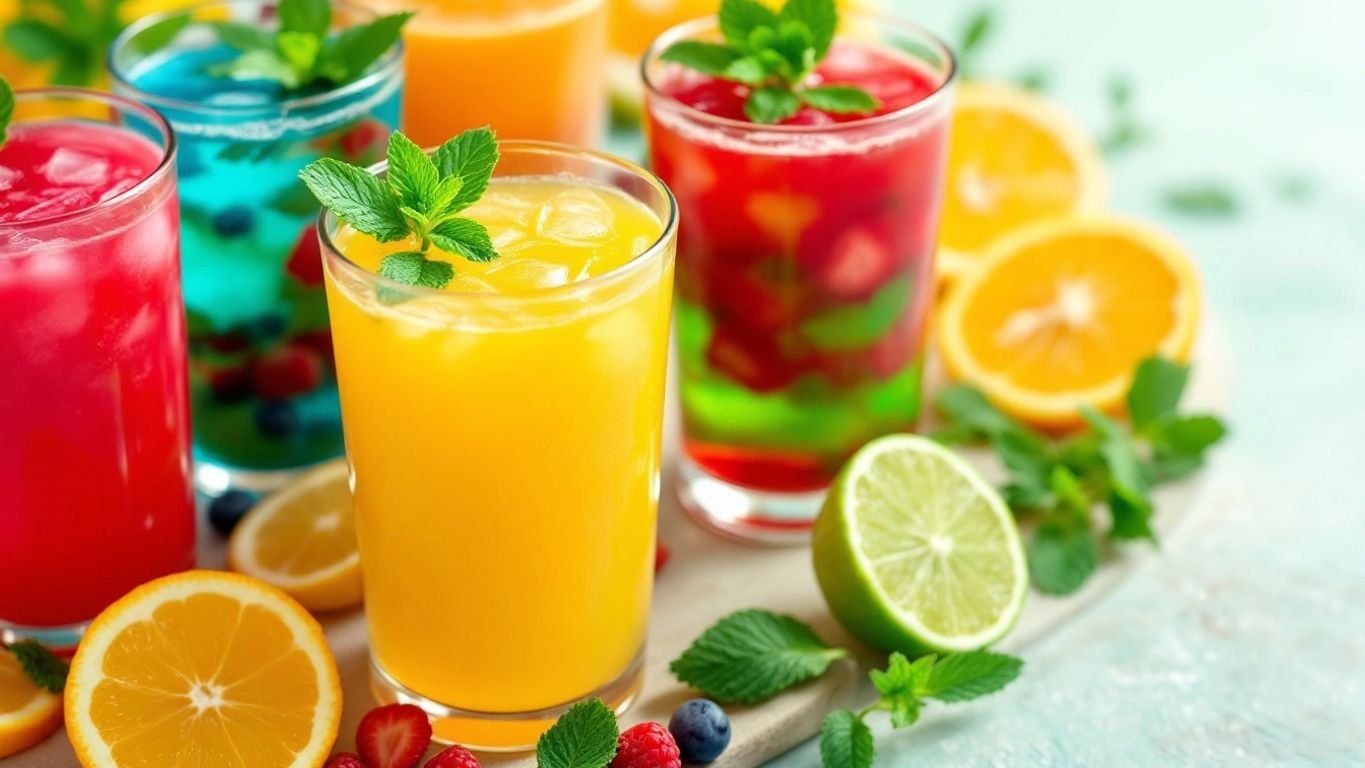 Sucos digestivos coloridos com frutas e ervas frescas.