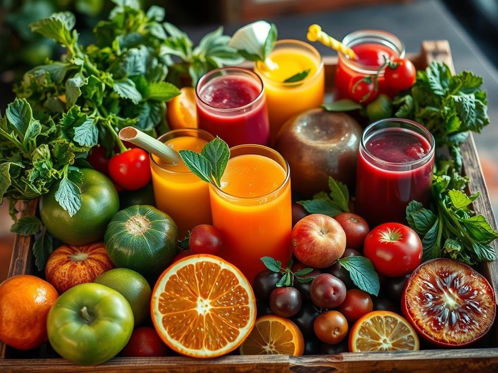 A bountiful array of freshly pressed natural juices, their vibrant hues and lively textures emanating a sense of vitality and wellness. Ripe, juicy fruits and verdant vegetables artfully arranged in a rustic wooden crate, illuminated by soft, warm lighting that casts a comforting glow. The scene evokes a feeling of health and rejuvenation, as if the viewer can almost taste the refreshing, nutrient-dense elixirs. A harmonious blend of colors, textures, and natural elements that captures the essence of the diverse and beneficial world of natural juices. Variedade de Sucos Naturais