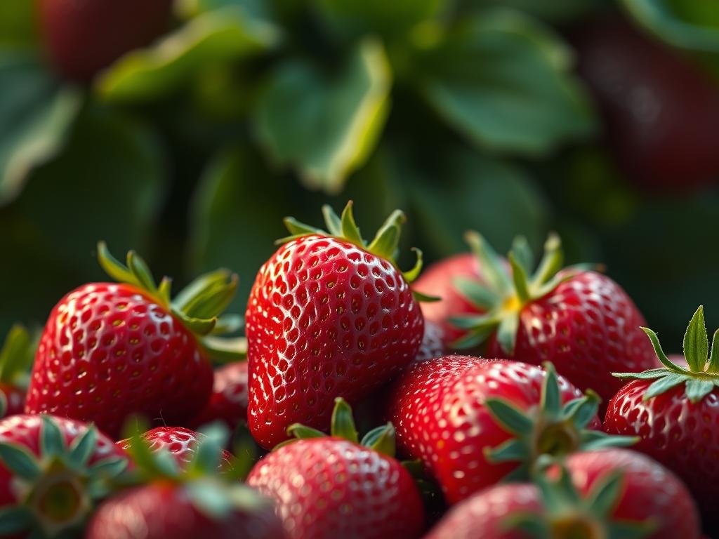 A close-up view of freshly picked strawberries, their vibrant red hues glistening under the soft, warm lighting. The strawberries are arranged in a natural, organic manner, showcasing their plump, juicy appearance. In the background, a blurred, green leafy backdrop adds a sense of freshness and natural context. The lighting is evenly distributed, creating a harmonious and appetizing atmosphere, highlighting the antioxidant-rich properties of the strawberries. The composition is balanced, with the strawberries occupying the focal point, inviting the viewer to appreciate their nutritional benefits. Suco de Morango com Banana
