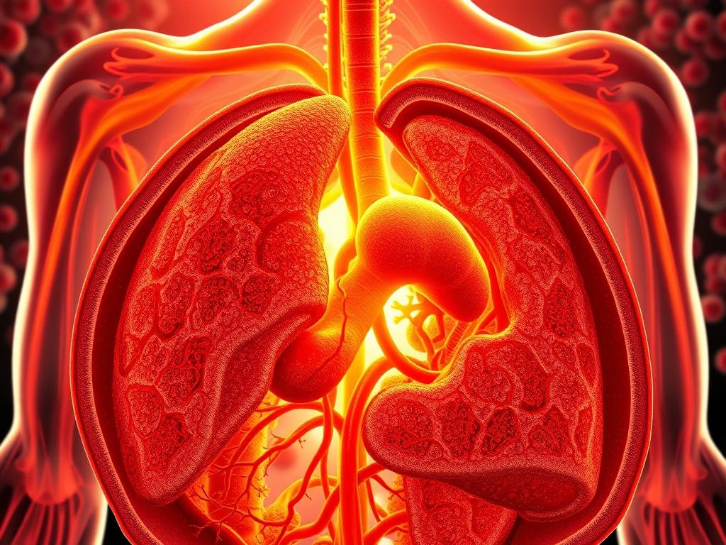 A detailed, cross-sectional view of the human immune system, showcased in vivid detail. The foreground depicts a network of intricate lymphatic vessels, alveolar macrophages, and T-cells engaging in a dynamic defense against foreign pathogens. The middle ground features the spleen, thymus, and lymph nodes, the orchestrators of the body's immune response, bathed in a warm, golden-hued lighting. In the background, the bone marrow and lymphoid tissues stand as the foundational pillars of the immune system, all rendered in a high-definition, photorealistic style that emphasizes the system's complexity and importance for overall health. Sucos e Imunidade: Fortaleça seu Corpo de Forma Natural
