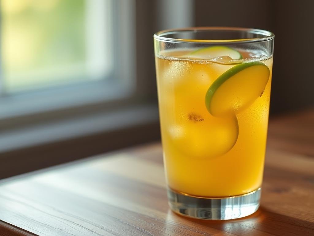 A glass of freshly pressed apple juice, its golden hue glistening under soft, natural lighting. The liquid is clear and inviting, with a slight fizz that dance on the surface. Crisp, green apple slices float lazily, adding a vibrant contrast. The scene is captured from a high angle, showcasing the drink's delicate texture and alluring appearance. The background is blurred, keeping the focus on the delightful apple juice, a testament to its healthful properties. The overall mood is one of simplicity, purity, and the rejuvenating power of this classic homemade elixir. Como Fazer Suco de Maçã Caseiro: Uma Receita Clássica e Saudável