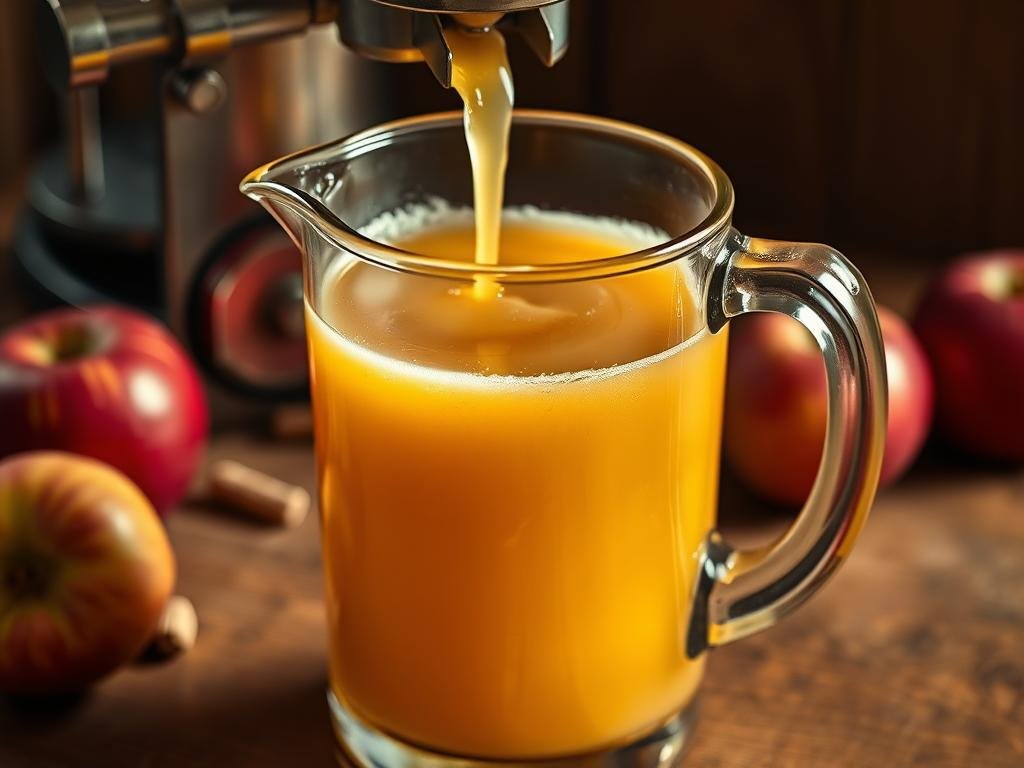 A glass pitcher filled with freshly pressed, golden-hued apple juice, its surface glistening with a slight frothy texture. The juice is poured from an old-fashioned juicer, the machine's metal parts gleaming in the warm, soft lighting. The background features a rustic wooden table, with a few whole apples scattered around, their deep red and green hues adding a natural, homey feel. The scene conveys a sense of simplicity, quality, and the comforting aroma of homemade apple juice, perfect for illustrating the step-by-step process of making this classic, healthy beverage. Como Fazer Suco de Maçã Caseiro: Passo a Passo