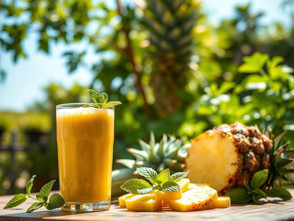 A lush and vibrant scene depicting the health benefits of combining pineapple and mint. In the foreground, a freshly blended pineapple and mint smoothie is positioned, its vibrant yellow-green hue and frothy texture inviting the viewer to take a sip. The midground showcases the natural ingredients - sliced pineapple and fresh mint leaves - artfully arranged, highlighting their complementary colors and textures. The background features a serene, sun-dappled garden setting, with lush foliage and a calming blue sky overhead, creating a sense of refreshing tranquility. The lighting is soft and natural, casting gentle shadows and highlights that accentuate the healthful properties of these two superfoods. Captured with a shallow depth of field, the image draws the viewer's attention to the central elements while subtly suggesting the broader benefits of this nourishing combination. Benefícios para a Saúde