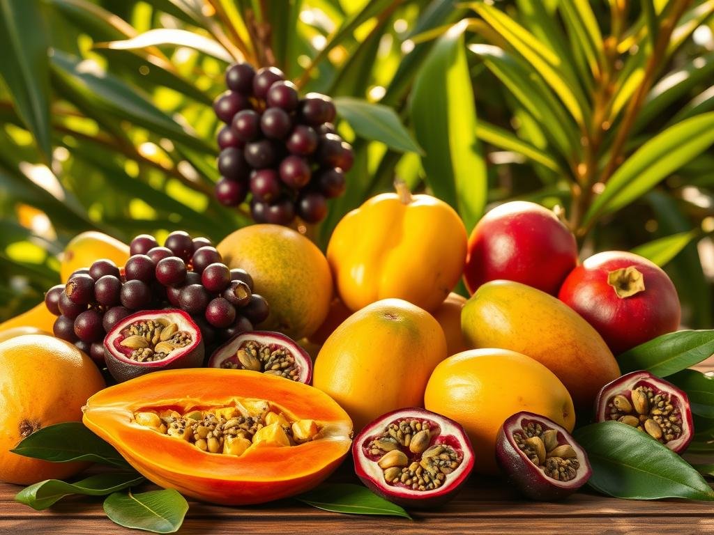 A lush, vibrant still life showcasing an array of tropical fruits, bathed in warm, golden light. In the foreground, a ripe papaya sliced in half, revealing its succulent orange flesh. Surrounding it, a selection of juicy mangoes, their golden skins glistening, and plump, crimson-hued passionfruit, their interiors bursting with tangy seeds. In the middle ground, clusters of deep purple acai berries and bright green starfruit, their distinctive shapes and textures contrasting elegantly. In the background, a verdant, tropical foliage provides a lush, verdant backdrop, evoking a sense of the lush, vibrant landscapes where these fruits thrive. The composition is balanced, the lighting is natural and inviting, creating an overall impression of the bountiful, nourishing goodness of these tropical delights. uma imagem com mamão, uva, romã