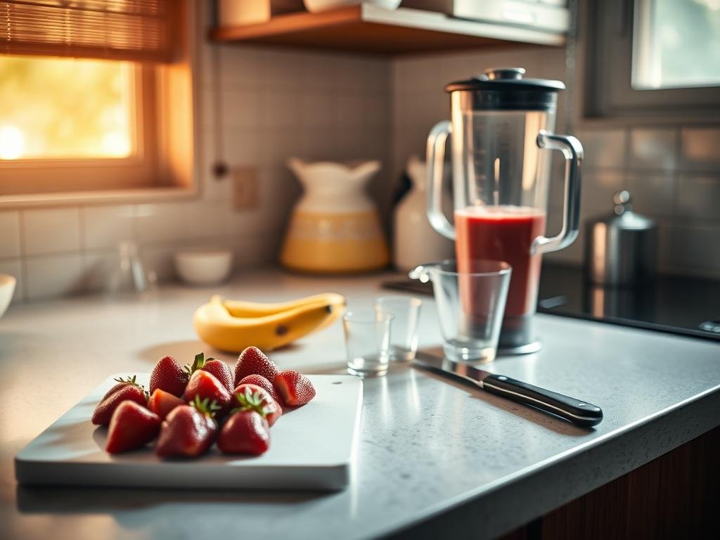 A meticulously prepared kitchen counter, bathed in warm, diffused natural light filtering through a nearby window. On the surface, a cutting board with freshly washed strawberries and ripe bananas, alongside a blender, measuring cups, and a sharp knife. The scene exudes a sense of order and attention to detail, inviting the viewer to immerse themselves in the process of creating a delicious and nutritious strawberry-banana smoothie. The composition emphasizes the key ingredients and tools, capturing the essence of the "Modo de Preparo Detalhado" section of the article. A meticulously prepared kitchen counter, bathed in warm, diffused natural light filtering through a nearby window. On the surface, a cutting board with freshly washed strawberries and ripe bananas, alongside a blender, measuring cups, and a sharp knife. The scene exudes a sense of order and attention to detail, inviting the viewer to immerse themselves in the process of creating a delicious and nutritious strawberry-banana smoothie. The composition emphasizes the key ingredients and tools, capturing the essence of the "Modo de Preparo Detalhado" section of the article.