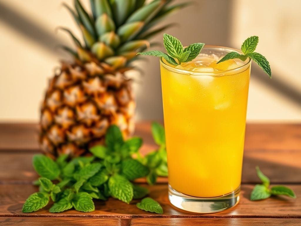 A refreshing glass of pineapple juice with vibrant green mint leaves, served on a wooden table with a simple, natural backdrop. The juice has a golden, translucent hue, capturing the sun's warm glow. Delicate condensation beads on the glass, adding to the refreshing atmosphere. The mint leaves are plucked fresh, their crisp, aromatic fragrance complementing the sweet pineapple notes. The composition is balanced, with the ingredients arranged elegantly to showcase their inherent beauty. A healthy, nourishing suco de abacaxi com hortelã, bursting with immune-boosting properties. Um copo refrescante de suco de abacaxi com vibrantes folhas de hortelã verde, servido sobre uma mesa de madeira com um fundo simples e natural. O suco tem uma tonalidade dourada e translúcida, capturando o brilho quente do sol. Delicadas gotas de condensação no copo contribuem para a atmosfera refrescante. As folhas de hortelã são colhidas na hora, e sua fragrância crocante e aromática complementa as notas doces de abacaxi. A composição é equilibrada, com os ingredientes dispostos elegantemente para realçar sua beleza inerente. Um suco de abacaxi com hortelã saudável e nutritivo, repleto de propriedades que fortalecem o sistema imunológico.