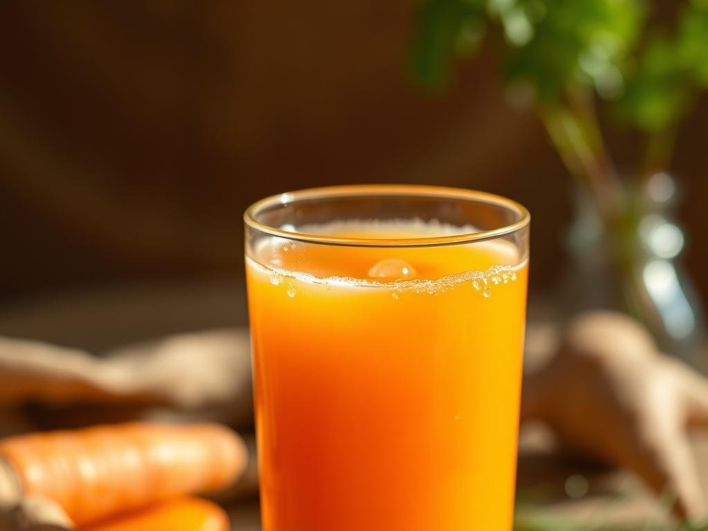 A refreshing glass of vibrant carrot juice, filled with the warmth of ginger. The golden liquid gently catches the soft natural light, casting a cozy glow. Delicate bubbles dance on the surface, enticing the senses. In the background, a blurred, soothing backdrop of earthy tones creates a serene atmosphere. The carrot juice appears crisp and invigorating, its vivid orange hue a testament to its nutritional potency. This simple yet nourishing beverage exudes a sense of vitality and well-being, perfectly capturing the refreshing benefits of this healthful drink. Suco de Cenoura com Gengibre