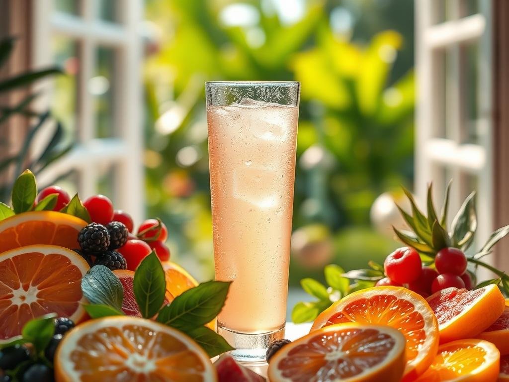 A refreshing glass of vibrant, tropical-inspired fruit juice set against a bright, airy backdrop. The foreground features an artfully arranged composition of sliced citrus fruits, juicy berries, and lush leafy greens, bathed in warm, natural lighting that accentuates their vibrant colors and textures. The middle ground showcases a tall, perspiring glass filled with a chilled, opaque liquid, with condensation droplets glistening on the surface. The background is a soft, blurred scene of an open window overlooking a lush, verdant garden, infusing the image with a sense of serenity and rejuvenation. The overall mood is one of refreshment, vitality, and a celebration of nature's bounty. A refreshing glass of vibrant, tropical-inspired fruit juice set against a bright, airy backdrop. The foreground features an artfully arranged composition of sliced citrus fruits, juicy berries, and lush leafy greens, bathed in warm, natural lighting that accentuates their vibrant colors and textures. The middle ground showcases a tall, perspiring glass filled with a chilled, opaque liquid, with condensation droplets glistening on the surface. The background is a soft, blurred scene of an open window overlooking a lush, verdant garden, infusing the image with a sense of serenity and rejuvenation. The overall mood is one of refreshment, vitality, and a celebration of nature's bounty.