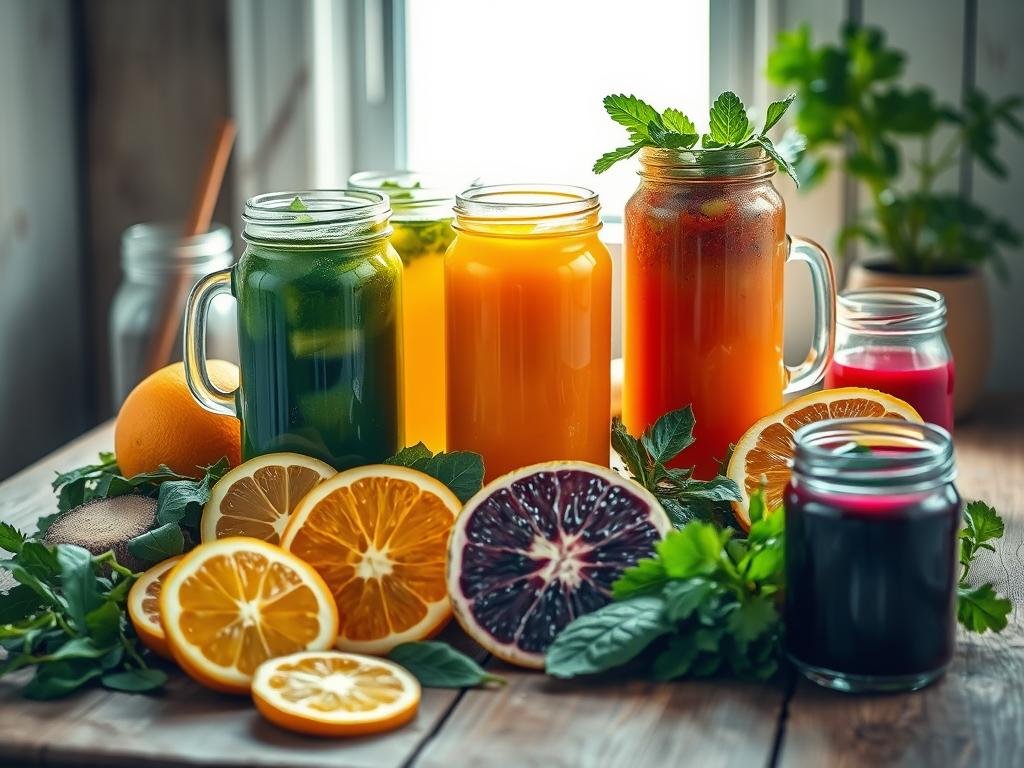 A rustic still life scene showcasing an assortment of freshly pressed natural juices. A wooden table is adorned with jars brimming with vibrant, pulp-rich beverages in hues of emerald green, sunny orange, and deep purple. Sliced citrus fruits, leafy greens, and other wholesome ingredients are arranged artfully around the juices, hinting at the nourishing properties within. Soft, diffused light filters through a nearby window, casting a warm glow over the scene. The overall composition evokes a sense of health, vitality, and the benefits of consuming fiber-rich natural juices for improved digestion. Receitas de Sucos Naturais Ricos em Fibras