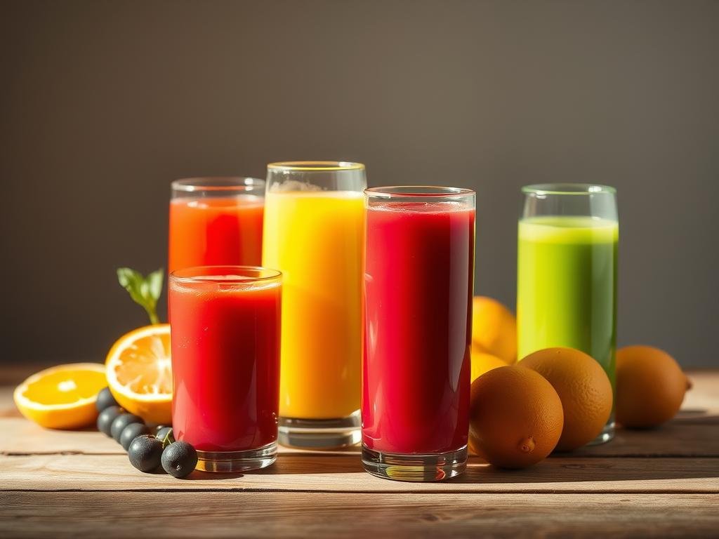 A serene, softly lit still life of a variety of fresh, vibrant fruit juices in transparent glass vessels, gently illuminated from the side to highlight their natural hues and textures. The juices, ranging from deep ruby reds to bright citrus yellows and greens, are arranged with care on a simple wooden surface, allowing their lively colors and inviting appearance to take center stage. The lighting is soft and diffused, creating a warm, inviting atmosphere that emphasizes the healthful, natural qualities of the juices. The focus is on the juices themselves, capturing their essence and the science behind their nutritional benefits. Absorção de Açúcares: Diferenças Importantes