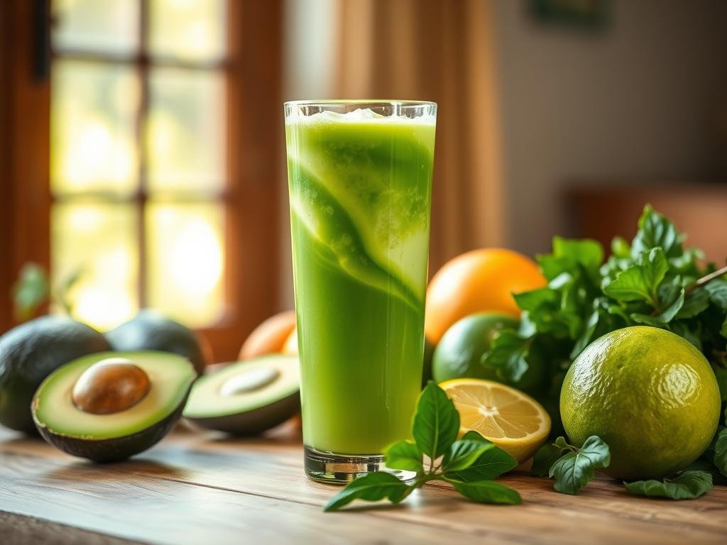 A serene still life scene of a glass of fresh, vibrant green suco natural on a wooden table, surrounded by a selection of fresh, juicy fruits and vegetables. Soft natural lighting filters through a window, casting a warm glow on the arrangement. The glass is filled with a swirling, opaque liquid, hinting at the nourishing, wholesome essence of the suco. Ripe avocados, leafy greens, and lush citrus fruits complement the central element, conveying a sense of health and vitality. The overall composition exudes a calm, inviting atmosphere, capturing the essence of the benefits of natural juices on metabolic health. Efeitos no Açúcar Sanguíneo e Insulina
