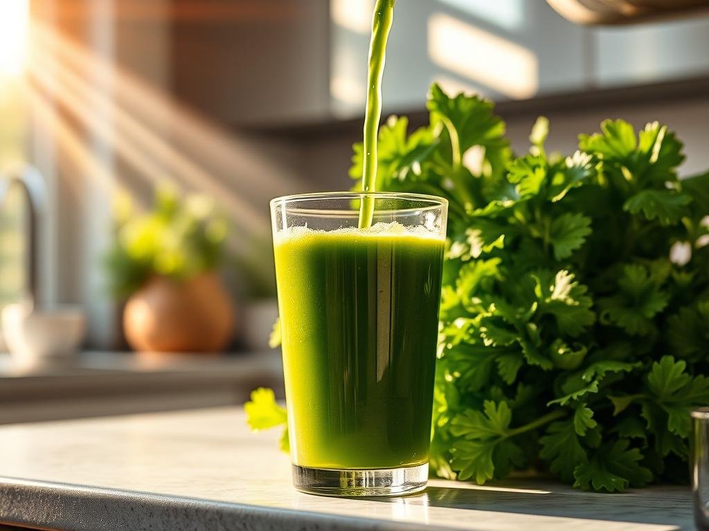 A vibrant and lush green juice, brimming with the freshness of kale, spinach, and parsley. The crisp, verdant liquid is poured into a clear glass, reflecting the warm light from a modern kitchen setting. The vibrant hues of the produce are accentuated by the sleek, minimalist design of the glass and its surroundings. Beams of sunlight stream through a nearby window, casting a soft, natural glow over the scene. The overall impression is one of health, vitality, and a newfound appreciation for the power of nature's bounty. O Fenômeno do Suco Verde