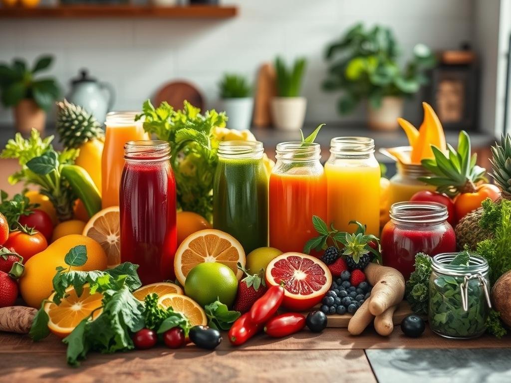 A vibrant array of fresh, colorful fruits and vegetables artfully arranged on a rustic wooden table, casting warm, natural lighting. In the foreground, an assortment of detox juices in glass bottles and jars, their vibrant hues complementing the produce. The midground features a variety of leafy greens, citrus fruits, berries, and root vegetables, all brimming with vitality. The background showcases a serene, minimalist kitchen setting, with subtle hints of greenery and natural textures to evoke a sense of purity and wellness. The overall composition conveys the restorative, cleansing power of these detox elixirs, inviting the viewer to indulge in a healthful, rejuvenating experience. Benefícios dos Sucos Detox para a Saúde