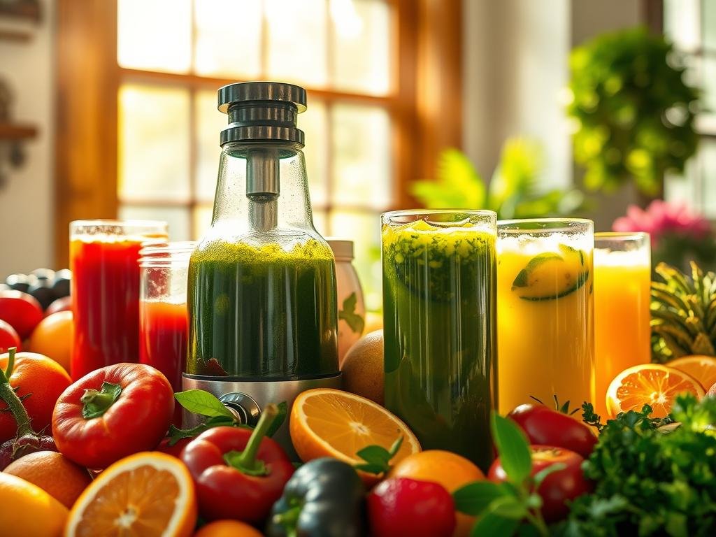 A vibrant array of freshly pressed organic juices, the sunlight streaming through a large window, casting a warm glow over the scene. An assortment of colorful fruits and vegetables, their natural textures and hues beautifully highlighted. Sleek glass containers hold the juices, their contents swirling with an enticing vibrancy. The overall atmosphere is one of health, vitality, and a celebration of nature's bounty. The composition is well-balanced, with the juices taking center stage, surrounded by the complementary produce. The lighting is soft and diffused, creating a sense of serenity and inviting the viewer to savor the moment. Tudo o que Você Precisa Saber sobre Sucos Orgânicos