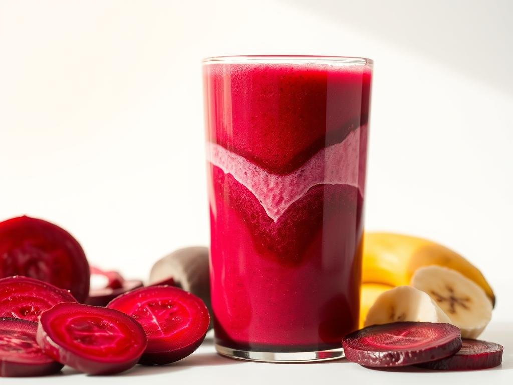A vibrant beetroot smoothie set against a minimalist white background, capturing the essence of natural energy and fiber-rich goodness. The glass container is positioned centrally, filled with a rich, ruby-red liquid, swirled with creamy banana. Soft natural lighting casts a warm, inviting glow, accentuating the beverage's enticing hue and frothy texture. Slices of fresh beetroot and banana are artfully arranged around the glass, complementing the soothing, wholesome aesthetic. The overall composition exudes a sense of vitality, wellness, and the nourishing power of this nutrient-dense juice. A vibrant beetroot smoothie set against a minimalist white background, capturing the essence of natural energy and fiber-rich goodness. The glass container is positioned centrally, filled with a rich, ruby-red liquid, swirled with creamy banana. Soft natural lighting casts a warm, inviting glow, accentuating the beverage's enticing hue and frothy texture. Slices of fresh beetroot and banana are artfully arranged around the glass, complementing the soothing, wholesome aesthetic. The overall composition exudes a sense of vitality, wellness, and the nourishing power of this nutrient-dense juice.