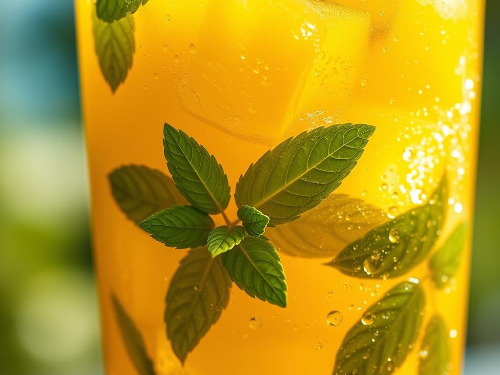 A vibrant, chilled glass of pineapple and mint juice, its golden hue sparkling in the warm summer light. Freshly blended pineapple chunks, their sweet and tangy essence captured in every sip, are complemented by the crisp, refreshing notes of hand-picked mint leaves. The glass sweats with condensation, hinting at the icy coolness within, ready to quench thirst and revive the senses on a hot day. Captured in a close-up, high-resolution photograph, the image highlights the vivid colors, natural textures, and inviting transparency of this refreshing pineapple-mint concoction. Receita de Suco de Abacaxi com Hortelã