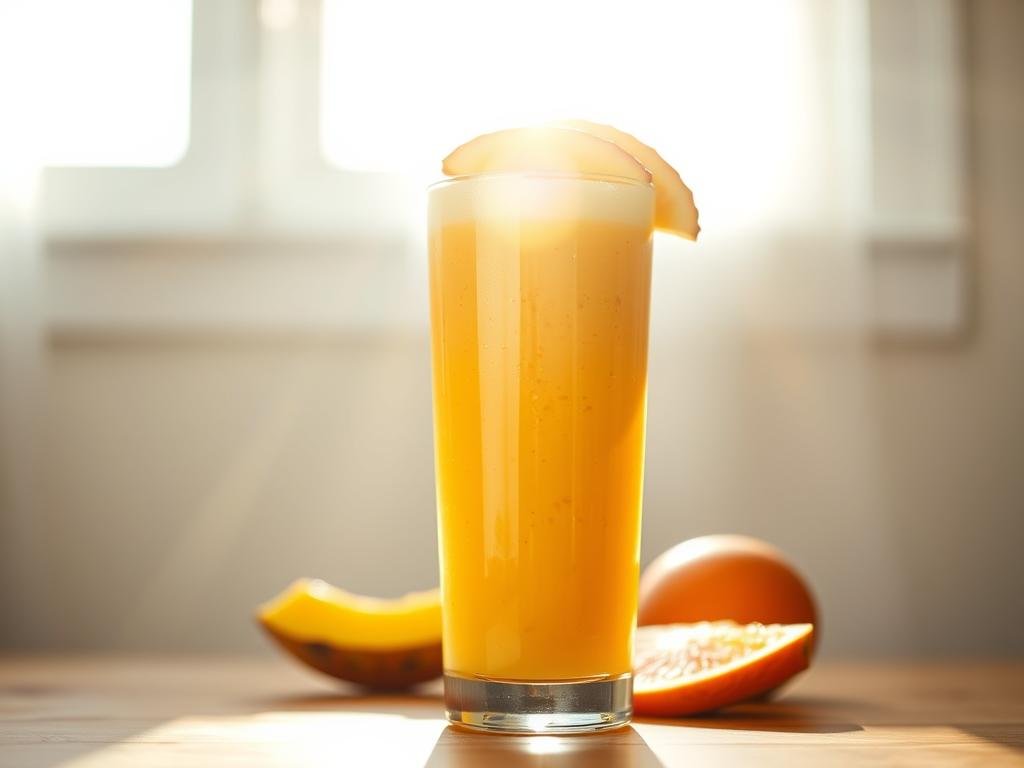 A vibrant, energizing fruit smoothie in a tall glass, overflowing with a vibrant blend of tropical fruits. The frothy, nutrient-rich liquid is a lively combination of mango, pineapple, and orange, creating a vivid, sunny hue. Freshly sliced fruit garnishes the top, adding a touch of natural sweetness. Sunlight streams in through a window, casting a warm glow and creating dynamic highlights on the glass. The smoothie is positioned on a wooden table, surrounded by a minimalist, serene setting to emphasize the revitalizing qualities of this energizing beverage. Um smoothie de frutas vibrante e energizante em um copo alto, transbordando com uma mistura vibrante de frutas tropicais. O líquido espumoso e rico em nutrientes é uma combinação vibrante de manga, abacaxi e laranja, criando uma tonalidade vibrante e ensolarada. Frutas frescas fatiadas decoram a superfície, adicionando um toque de doçura natural. A luz do sol entra por uma janela, projetando um brilho aconchegante e criando reflexos dinâmicos no copo. O smoothie é posicionado sobre uma mesa de madeira, cercado por um ambiente minimalista e sereno para enfatizar as qualidades revitalizantes desta bebida energizante.