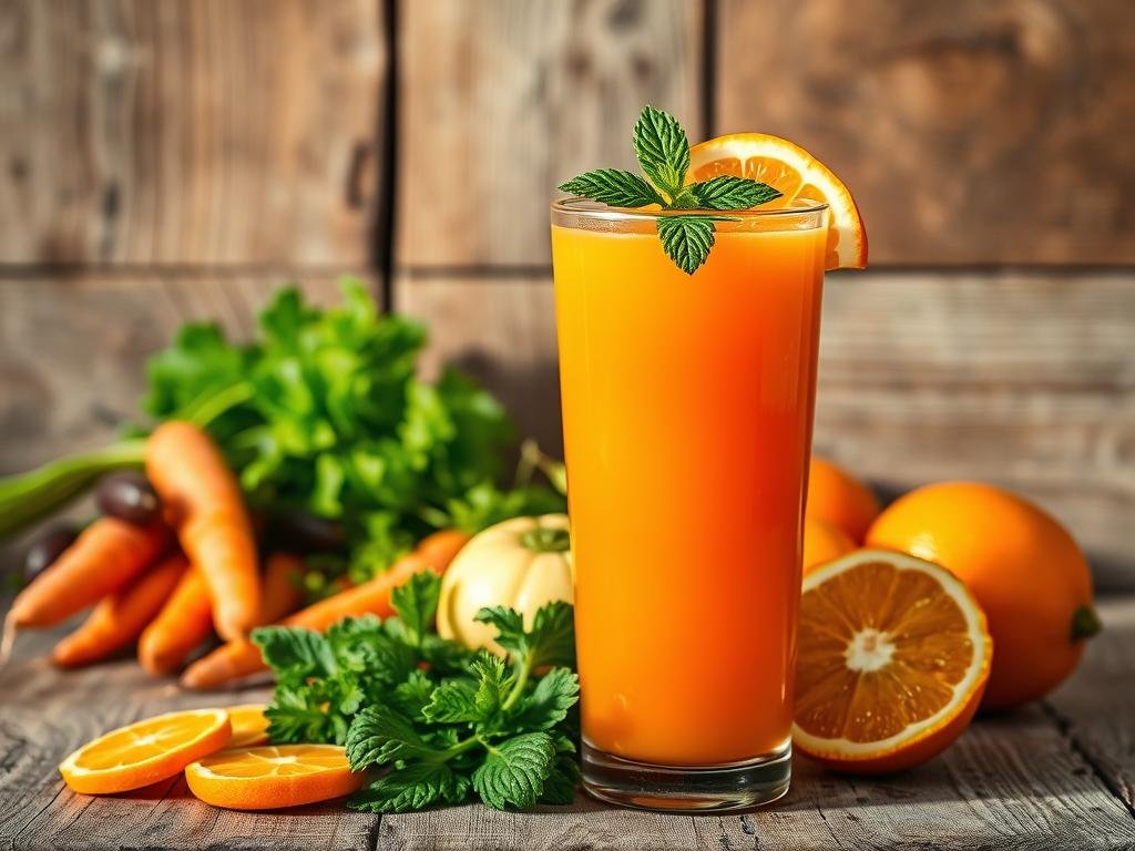 A vibrant, fresh organic juice set against a rustic, wooden background. In the foreground, a glass filled with a vibrant orange liquid, adorned with a slice of citrus fruit and a sprig of mint, capturing the essence of natural goodness. The middle ground features an assortment of whole fruits and vegetables, including carrots, oranges, and leafy greens, all arranged in a visually appealing manner. The background showcases a weathered wooden surface, providing a warm, earthy contrast to the vibrant colors of the produce. The scene is illuminated by soft, natural lighting, casting gentle shadows and highlighting the rich hues of the organic ingredients. The overall composition conveys a sense of health, vitality, and the simple pleasures of homemade, nutritious juice. Suco de laranja com cenoura