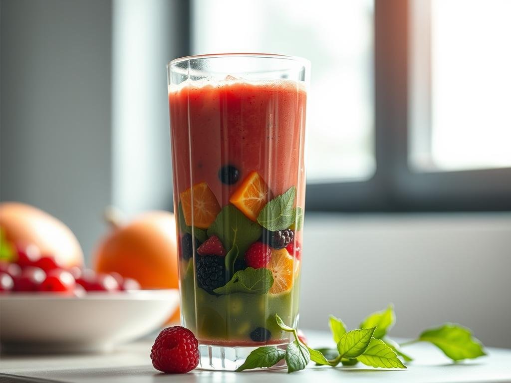 A vibrant, functional fruit smoothie in a glass, illuminated by natural light streaming through a window. The foreground features a layered blend of ripe, juicy fruits - perhaps berries, citrus, and leafy greens - creating a visually appealing and nutrient-rich concoction. The middle ground showcases the glass itself, with a sleek, modern design that highlights the vivid colors and textures of the smoothie. The background gently fades into a serene, minimalist setting, allowing the healthy, functional drink to be the central focus. The overall composition conveys a sense of wellness, vitality, and a touch of sophistication. Um smoothie de frutas vibrante e funcional em um copo, iluminado pela luz natural que entra por uma janela. O primeiro plano apresenta uma mistura em camadas de frutas maduras e suculentas – talvez frutas vermelhas, frutas cítricas e folhas verdes – criando uma mistura visualmente atraente e rica em nutrientes. O centro destaca o próprio copo, com um design elegante e moderno que destaca as cores e texturas vibrantes do smoothie. O fundo se funde suavemente a um cenário sereno e minimalista, permitindo que a bebida saudável e funcional seja o foco central. A composição geral transmite uma sensação de bem-estar, vitalidade e um toque de sofisticação.