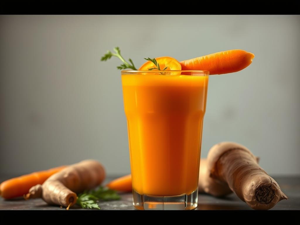 A vibrant glass filled with a smooth, golden-orange carrot juice, infused with the warm, earthy notes of fresh ginger. The carrot slices and ginger root rest atop the surface, creating a rustic, homemade aesthetic. Soft, diffused lighting casts a gentle glow, highlighting the juice's natural vibrancy. The composition is balanced, with the glass positioned centrally, against a simple, uncluttered background that allows the drink to take center stage. The overall mood is one of healthy, nourishing simplicity, inviting the viewer to savor the restorative properties of this wholesome, energizing beverage. Como Preparar o Suco de Cenoura com Gengibre