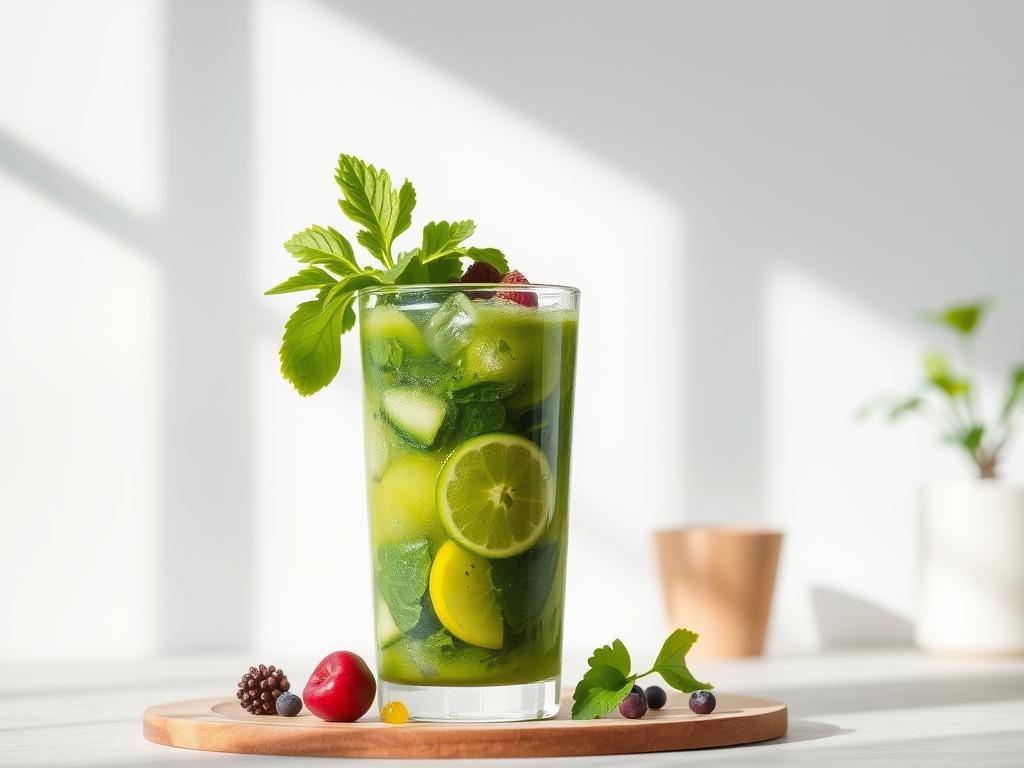 A vibrant green smoothie against a light and airy backdrop, capturing the essence of a refreshing "Suco Verde Detox". Crisp, natural lighting illuminates the glass vessel, showcasing a lush blend of leafy greens, fresh fruits, and ice cubes. The smooth, creamy texture is evident, inviting the viewer to savor the revitalizing and detoxifying properties of this wholesome beverage. A minimalist, contemporary setting with subtle hints of natural elements, such as wooden accents or a potted plant, enhances the clean, healthy atmosphere. The overall composition is balanced, with the drink taking center stage and conveying a sense of pure, nourishing indulgence. Suco Verde Detox