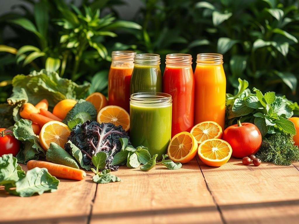 A vibrant, organic composition showcasing a variety of fresh, colorful detox juices. In the foreground, an assortment of whole fruits and vegetables, such as kale, spinach, carrots, and citrus, are neatly arranged on a rustic wooden table, casting soft, natural shadows. In the middle ground, several glass jars filled with vibrant green, orange, and red detox juice blends are positioned, their contents glistening under the warm, indirect lighting. In the background, a verdant, lush plant-filled environment creates a serene, rejuvenating atmosphere. The overall scene exudes a sense of health, vitality, and a wholesome approach to cleansing the body through the power of fresh, nutrient-dense juices. O Poder dos Sucos Detox para Limpar o Organismo