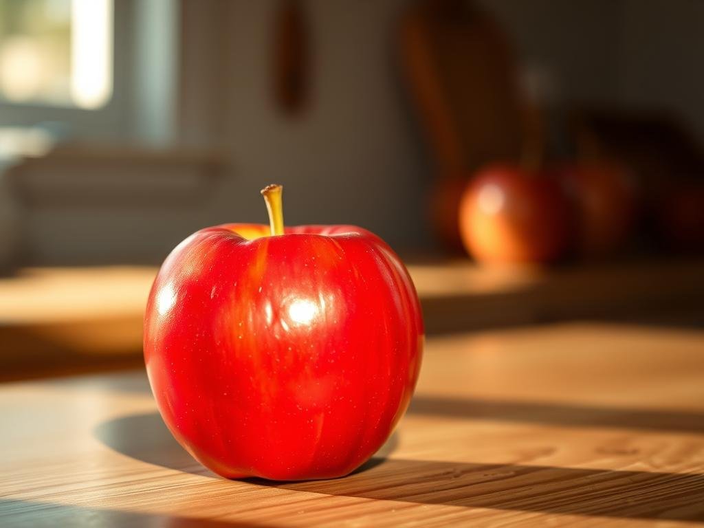 A vibrant red apple, its glossy skin catching the warm afternoon light, resting on a wooden table. The fruit's crisp, juicy flesh is visible, inviting the viewer to imagine its refreshing tartness. The apple is the focal point, positioned prominently against a subtly blurred background that suggests a simple, rustic kitchen setting. The lighting is soft and natural, creating gentle shadows that accentuate the apple's form and texture. The composition is balanced, drawing the eye to the subject matter while hinting at the broader context of a homemade apple juice preparation. Ingredientes Necessários para o Suco de Maçã Caseiro