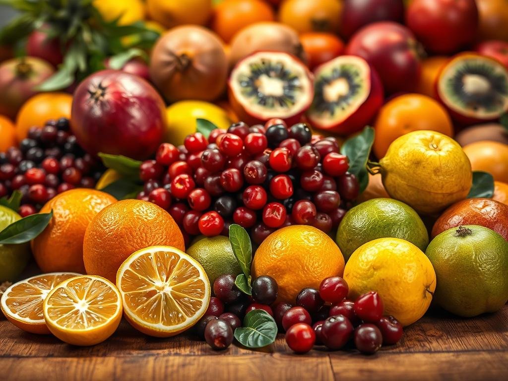 A vibrant still life of a variety of fresh, ripe fruits arranged on a wooden table. In the foreground, a selection of citrus fruits such as oranges, lemons, and limes, their peels partially removed to reveal the juicy, vibrant flesh. In the middle ground, a cluster of deep red berries, their shiny skin glistening under the warm, natural lighting. In the background, a mix of exotic fruits, such as kiwi, pomegranate, and passion fruit, each with its unique texture and color. The overall scene exudes a sense of abundance, health, and the powerful antioxidant properties of these nutrient-rich fruits. Captured with a shallow depth of field, creating a soft, inviting focus on the central elements. Sucos de Frutas e seus Poderosos Efeitos