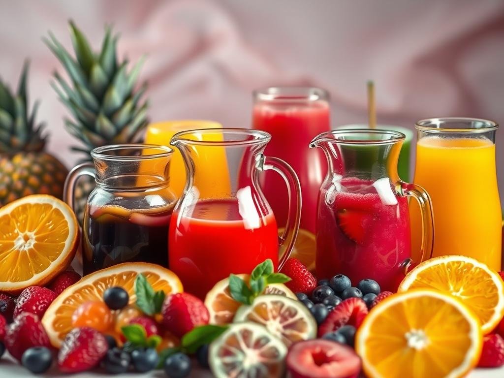 A vibrant still life of an array of fresh, luscious fruit juices in various hues, captured in a soft, diffused light. In the foreground, a cluster of gleaming glass pitchers brimming with juices of oranges, pineapples, and berries, their vivid colors complemented by the translucent quality of the liquid. The middle ground features a scattering of sliced fruits, their juicy flesh and vibrant skins creating a harmonious tapestry of shapes and textures. In the background, a blurred, dreamlike setting evokes a sense of tranquility and wellness, hinting at the healthful properties of the fruit nectars. The overall composition is balanced, with a focus on the enticing visual qualities of the juices, inviting the viewer to imagine their refreshing, restorative flavors. Guia Definitivo dos Sucos de Frutas e seus Poderosos Efeitos na Saúde