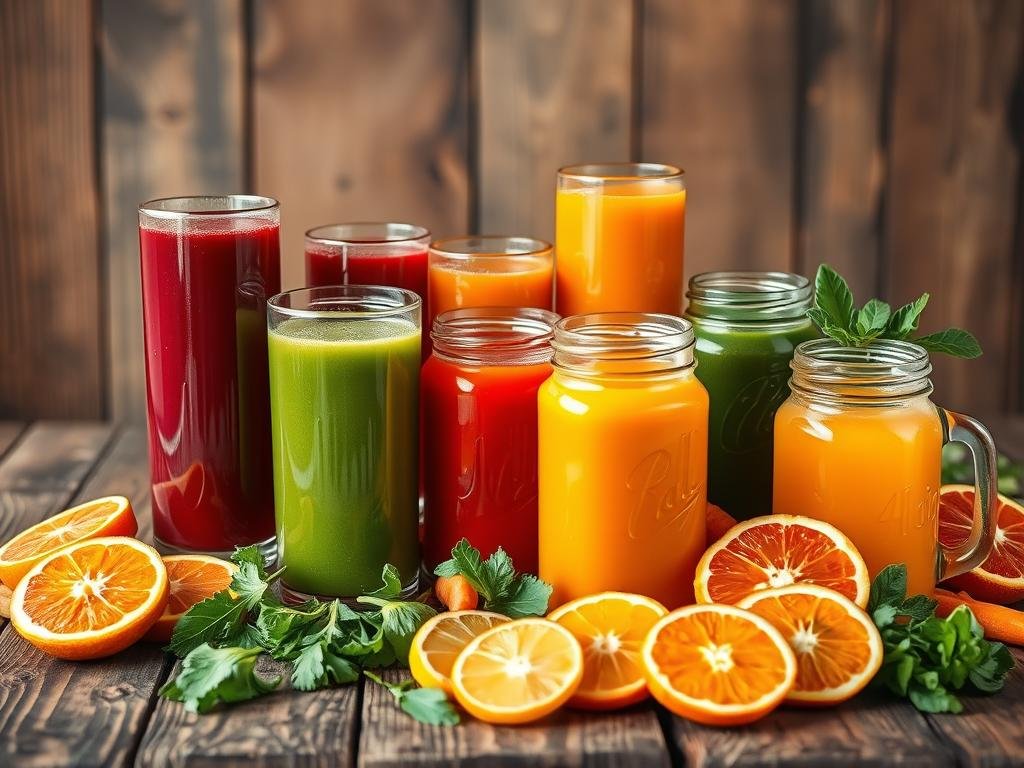A vibrant still life of an assortment of freshly pressed natural juices, displayed on a rustic wooden table. The juices are presented in various glass vessels, ranging from tall tumblers to mason jars, each filled with a rich, inviting hue. Sliced fruits and vegetables, such as oranges, carrots, and leafy greens, are scattered around the table, adding a sense of freshness and authenticity. The lighting is soft and natural, casting a warm glow over the scene, highlighting the vibrant colors and textures of the ingredients. The overall atmosphere is one of health, vitality, and a connection to the natural world, perfectly capturing the essence of daily well-being through the consumption of natural juices. Benefícios Comprovados dos Sucos Naturais