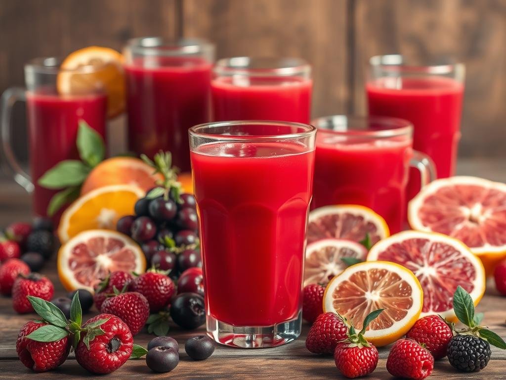 A vibrant still life showcasing an array of ripe, succulent red fruit juices. In the foreground, a glass tumbler brimming with a deep crimson suco de frutas vermelhas, its contents glistening under warm, natural lighting. Surrounding the glass, an artful arrangement of freshly squeezed juices in various hues of red, from deep burgundy to vibrant scarlet, presented in classic glassware and ceramic vessels. The midground features lush, ruby-red berries, their glossy surfaces reflecting the light, complemented by sliced citrus fruits and sprigs of fragrant herbs. The background showcases a rustic, wooden surface, lending a sense of warmth and authenticity to the scene. The overall composition exudes a feeling of freshness, vitality, and the inviting aroma of rejuvenating, homemade fruit juices. Uma natureza-morta vibrante exibindo uma variedade de sucos de frutas vermelhas maduras e suculentas. Em primeiro plano, um copo de vidro transbordando com um suco de frutas vermelhas carmesim profundo, cujo conteúdo brilha sob a luz quente e natural. Ao redor do copo, um arranjo artístico de sucos frescos em vários tons de vermelho, do bordô profundo ao escarlate vibrante, apresentados em copos clássicos de vidro e cerâmica. O plano central apresenta frutas vermelhas exuberantes, de um vermelho-rubi, cujas superfícies brilhantes refletem a luz, complementadas por frutas cítricas fatiadas e ramos de ervas aromáticas. O fundo apresenta uma superfície rústica de madeira, conferindo uma sensação de aconchego e autenticidade à cena. A composição geral exala uma sensação de frescor, vitalidade e o aroma convidativo de sucos de frutas caseiros e rejuvenescedores.