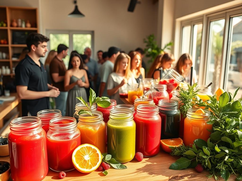 A vibrant, sun-drenched scene of a natural fruit juice bar. In the foreground, a wooden counter displays an array of freshly squeezed juices in glass jars, their colors ranging from deep crimson to vibrant green. Sliced citrus fruits, berries, and leafy greens are artfully arranged around the jars, creating a visually appealing and appetizing display. In the middle ground, customers queue patiently, their faces lit by the warm glow of the natural lighting streaming in through the large windows. The background features a minimalist, modern interior design with clean lines and natural materials, evoking a sense of health, wellness, and a commitment to sustainability. The overall atmosphere is one of freshness, vitality, and the simple pleasure of enjoying a nourishing, homemade beverage. A Ciência por Trás dos Benefícios dos Sucos Naturais