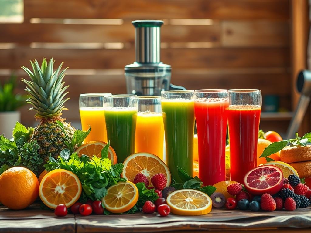 A vibrant, sun-drenched scene of an array of freshly prepared natural juices. In the foreground, an assortment of colorful fruits and vegetables - juicy oranges, ripe pineapples, crisp greens, and succulent berries - neatly arranged on a rustic wooden table. Behind them, a sleek, modern juicer stands ready, its stainless steel gleaming. The middle ground features a collection of tall, elegantly shaped glasses, each brimming with a different hue of liquid vitality - emerald green, ruby red, golden yellow. The background is bathed in warm, natural light, casting a soft, inviting glow over the whole scene, evoking a sense of health, wellness, and the simple pleasures of nature's bounty. Os Sucos Mais Populares e seus Impressionantes Benefícios