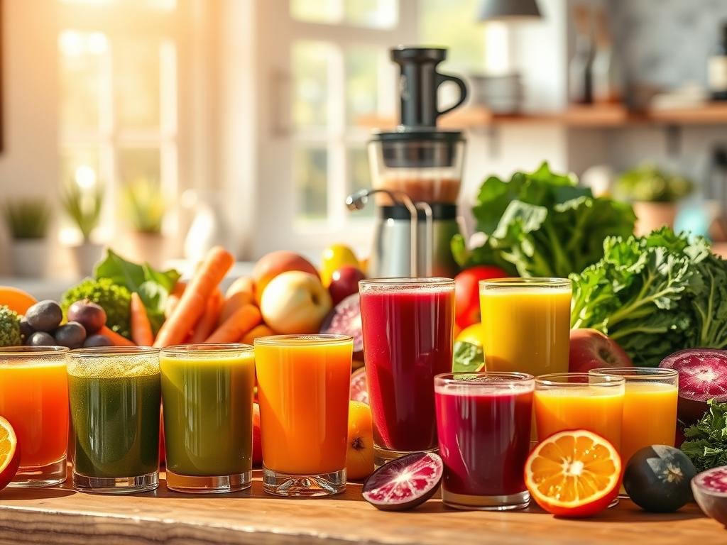 A vibrant, sun-drenched scene of an artfully arranged selection of freshly pressed natural juices. In the foreground, a variety of colorful glasses brimming with juices in shades of orange, green, and purple, their contents reflecting the natural hues of the fruits and vegetables used. In the middle ground, a wooden table or countertop displays an array of whole and sliced produce - carrots, apples, kale, beets, and more - alongside a juicer and other minimal, rustic-chic accessories. The background is softly blurred, suggesting a clean, modern kitchen or cafe setting, with warm, natural lighting filtering in from large windows. The overall mood is one of health, vitality, and a celebration of the goodness of nature. A vibrant, sun-drenched scene of an artfully arranged selection of freshly pressed natural juices. In the foreground, a variety of colorful glasses brimming with juices in shades of orange, green, and purple, their contents reflecting the natural hues of the fruits and vegetables used. In the middle ground, a wooden table or countertop displays an array of whole and sliced produce - carrots, apples, kale, beets, and more - alongside a juicer and other minimal, rustic-chic accessories. The background is softly blurred, suggesting a clean, modern kitchen or cafe setting, with warm, natural lighting filtering in from large windows. The overall mood is one of health, vitality, and a celebration of the goodness of nature.