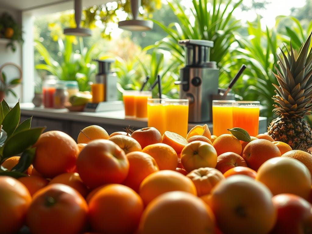 A vibrant, sun-drenched scene of freshly pressed fruit juices. In the foreground, an array of ripe, glistening fruits - oranges, apples, pineapples, and more - await their transformation into natural, wholesome elixirs. The middle ground depicts a sleek, contemporary juice bar, its countertop cluttered with juicing equipment and the vibrant hues of just-squeezed juices. In the background, a lush, verdant garden provides the perfect serene backdrop, its verdant foliage swaying gently. Soft, diffused lighting bathes the entire scene, creating a warm, inviting atmosphere that captures the essence of nature's pure, untainted bounty. Sucos Naturais vs. Industrializados