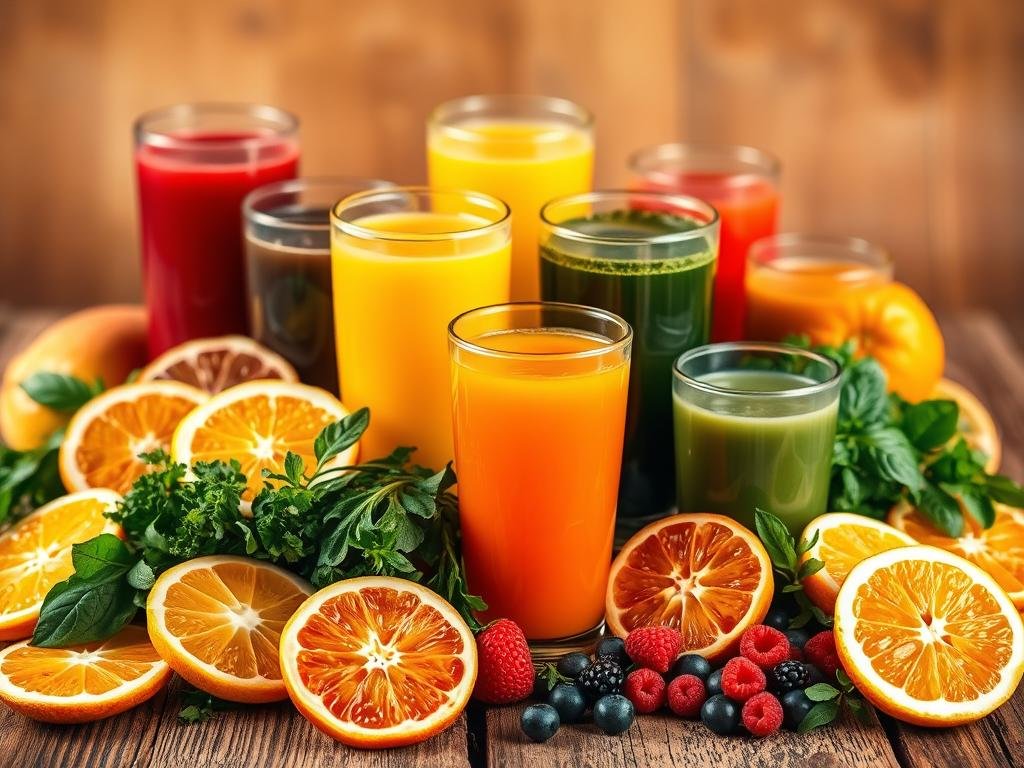 A vibrant, warm-toned still life showcasing a variety of freshly pressed natural fruit juices. In the foreground, an assortment of glasses filled with vivid orange, green, and red liquids sit atop a rustic wooden table. Sliced citrus fruits, leafy greens, and vibrant berries surround the glasses, creating a lush, appetizing display. Soft, diffused lighting illuminates the scene, highlighting the natural colors and textures of the ingredients. The overall atmosphere is one of health, vitality, and the nourishing benefits of consuming pure, unprocessed juices. Principais Benefícios dos Sucos Naturais para a Saúde