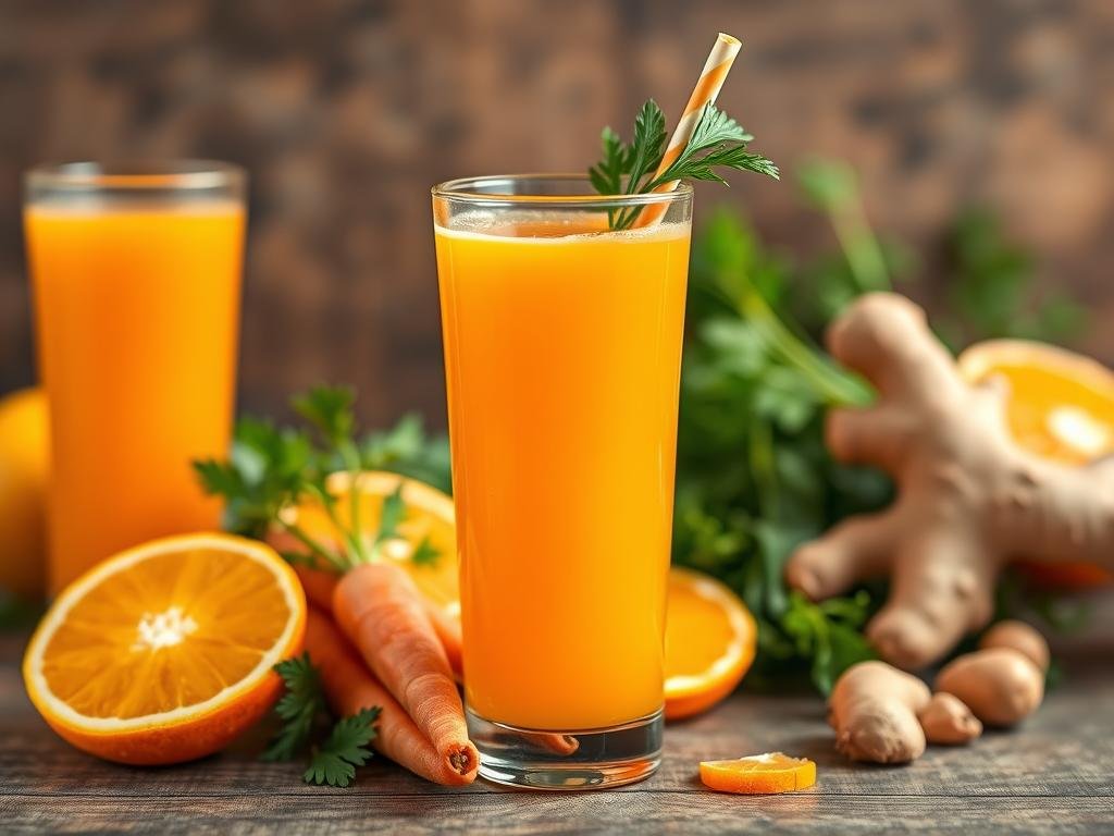 Gere uma imagem de um suco de laranja com cenoura e gengibre. suco de laranja com cenoura e gengibre.