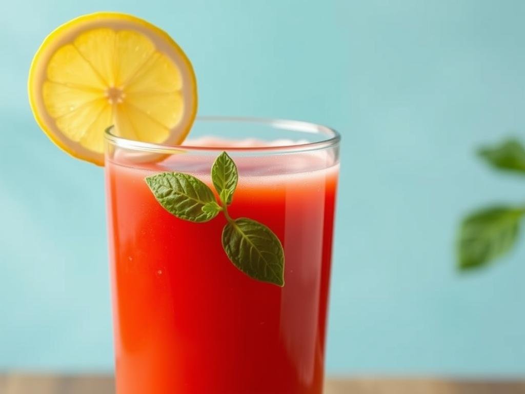 Gere uma imagem de um suco de tomate com limão. suco de tomate com limão.