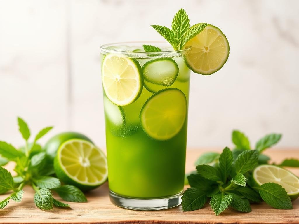 Gere uma imagem de um suco verde com limão, pepino e hortelã. suco verde com limão, pepino e hortelã.