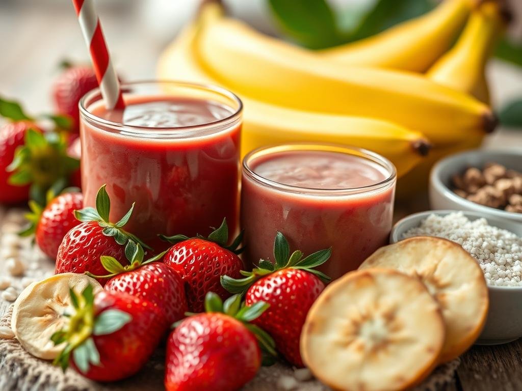 High-resolution close-up image of fresh strawberries, bananas, and various ingredients for a strawberry banana smoothie or juice, shot in natural soft lighting with a shallow depth of field, creating a vibrant and appetizing composition that captures the essence of the recipe for "Suco de Morango com Banana: Uma Receita Nutritiva e Saborosa." Ingredientes para o Suco Perfeito