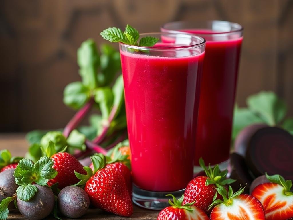 Imagem de suco vermelho com morango e beterraba Imagem de suco vermelho com morango e beterraba