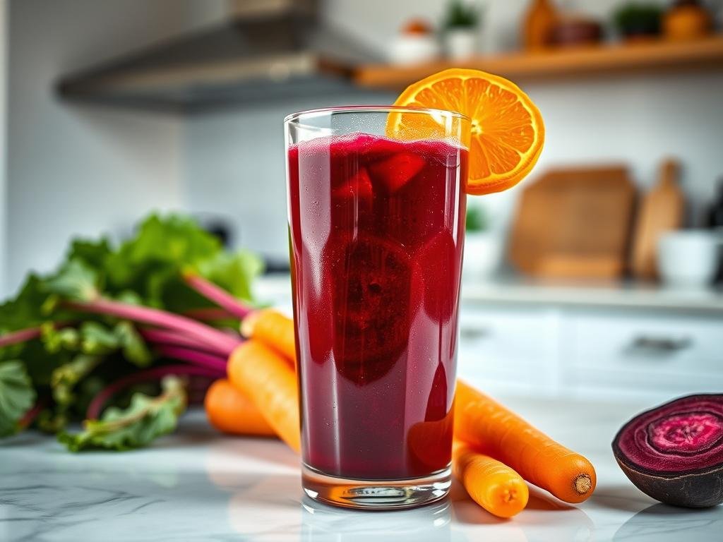 Imagem de um suco de beterraba e cenoura sendo preparado suco de beterraba e cenoura sendo preparado