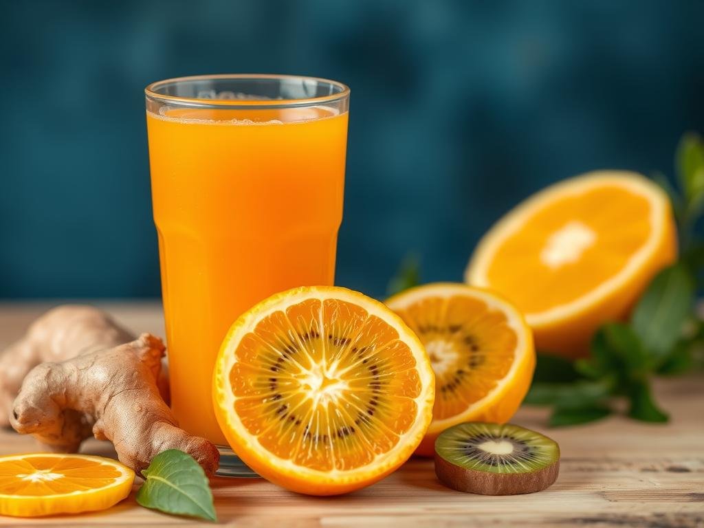 Imagem de um suco de laranja com kiwi e gengibre Imagem de um suco de laranja com kiwi e gengibre