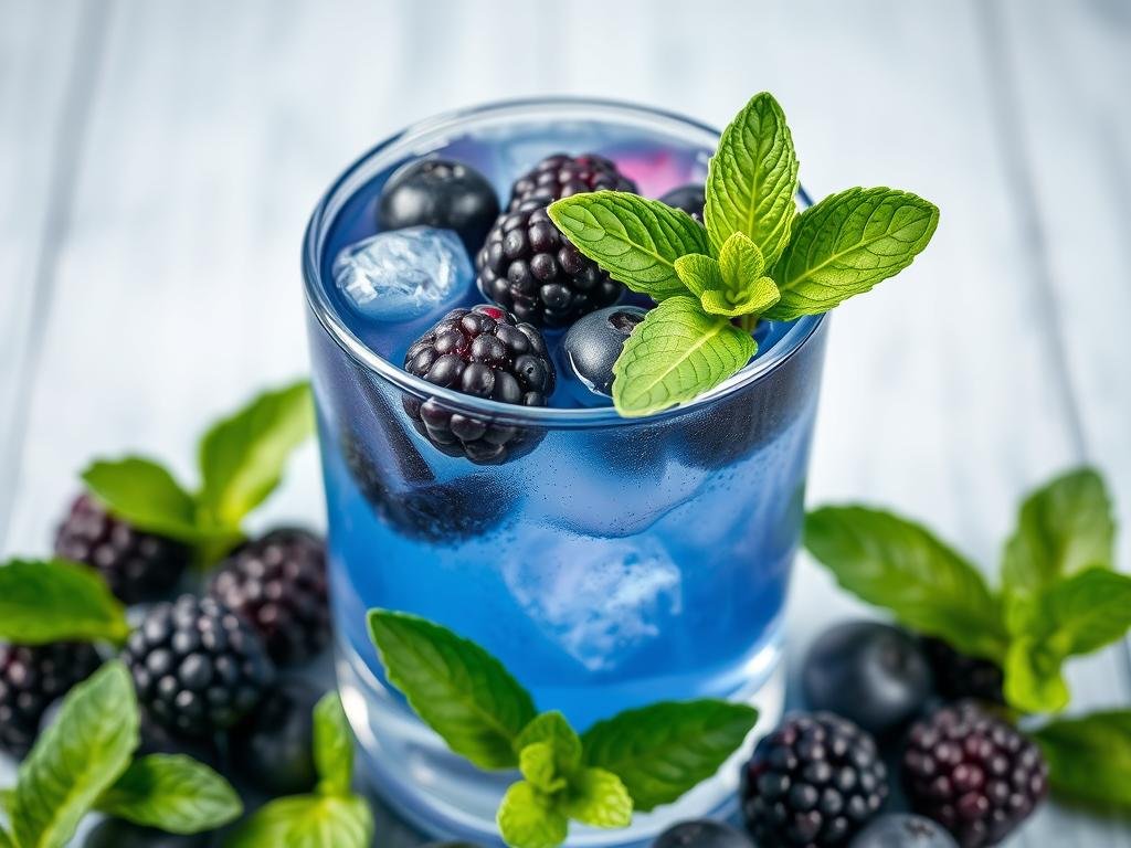 Imagem de um suco de mirtilo com amora e hortelã Imagem de um suco de mirtilo com amora e hortelã