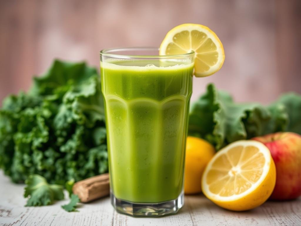 Imagem de um suco verde com couve, maçã e limão Imagem de um suco verde com couve, maçã e limão