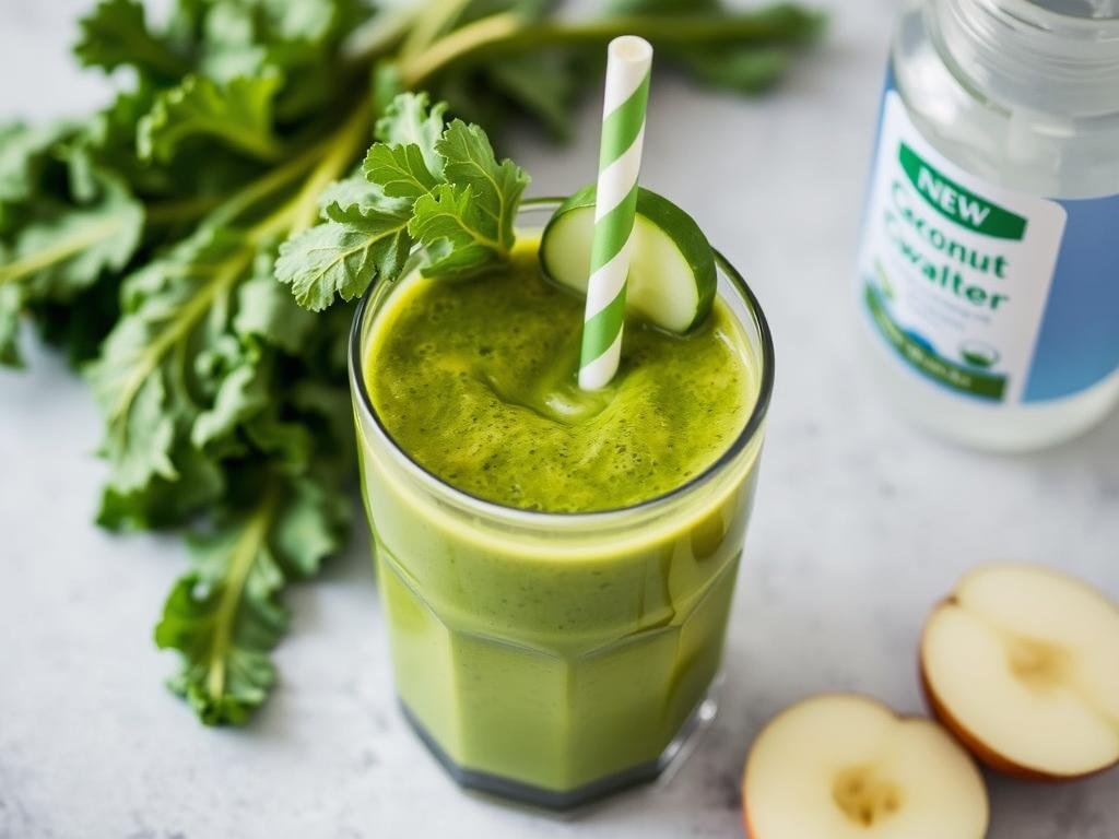 Imagem de um suco verde sendo preparado com folhas de couve, pepino, maçã e água de coco. Suco Verde: O Clássico Detox