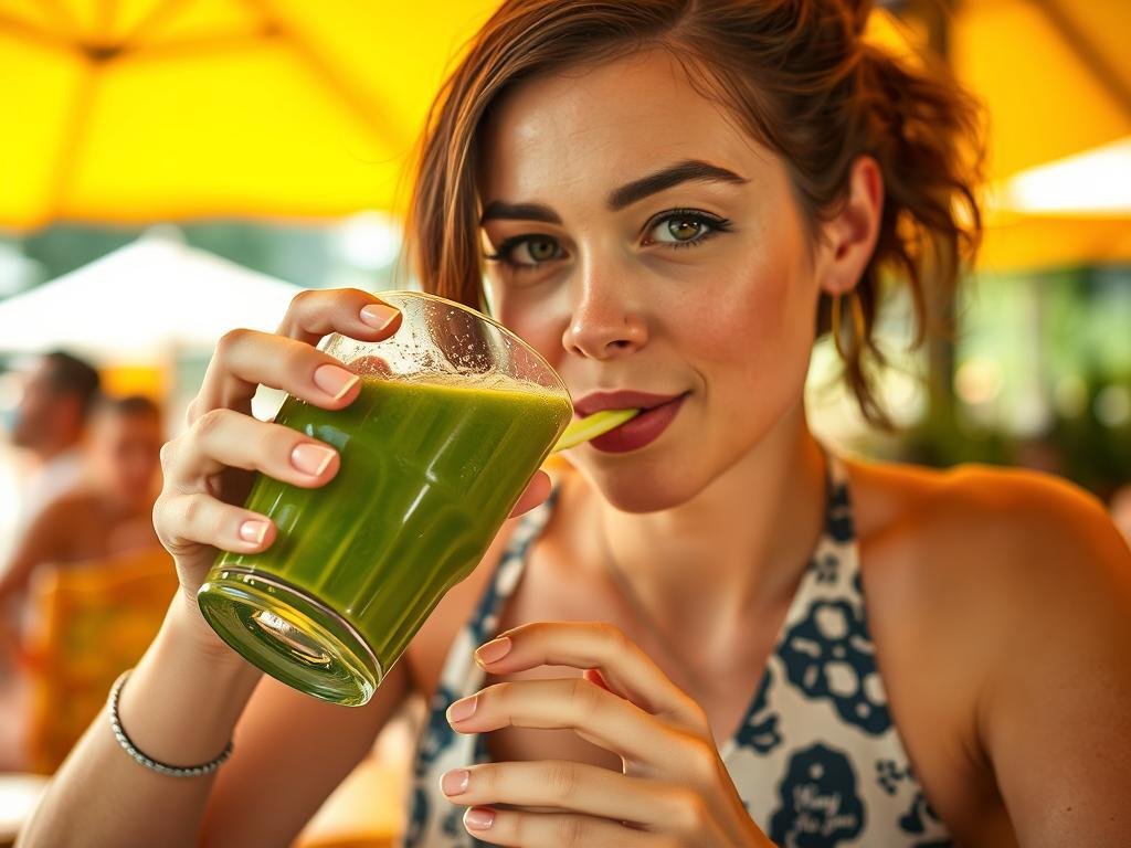 Imagem de uma pessoa bebendo um suco verde Imagem de uma pessoa bebendo um suco verde