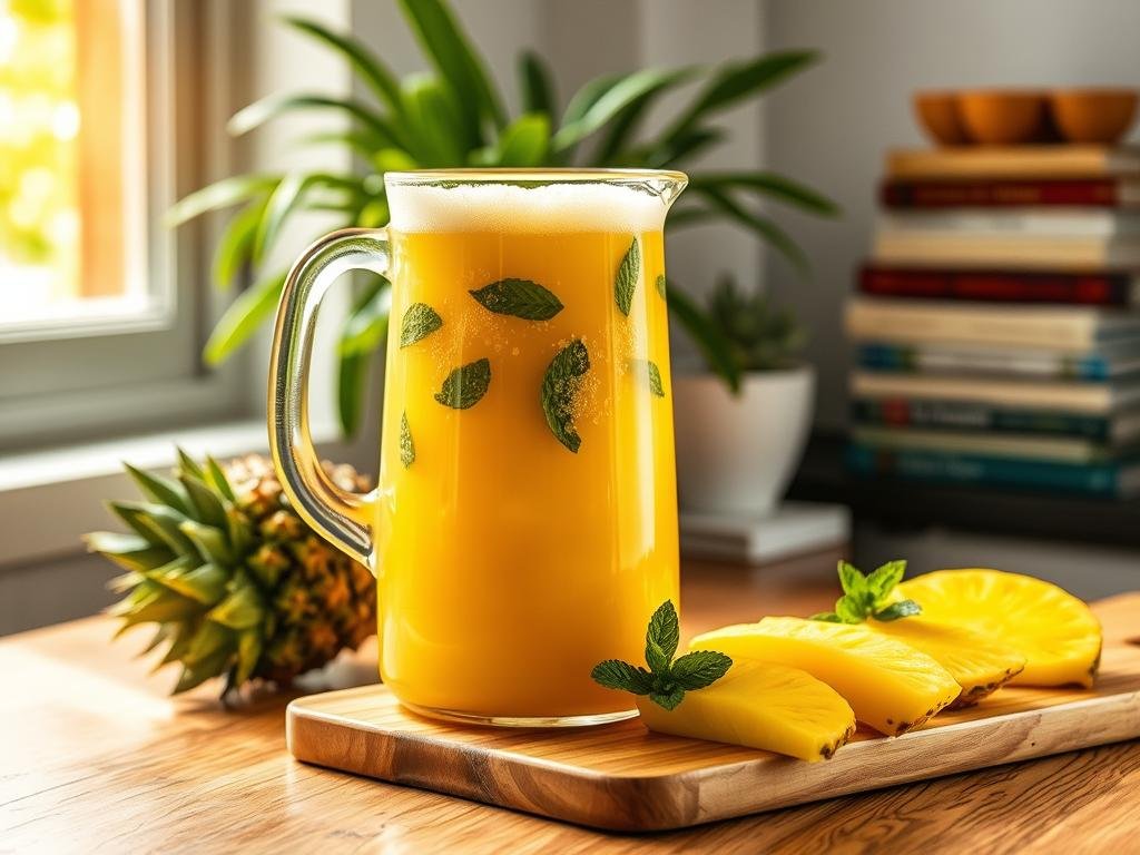 Lush, verdant scene of a wooden kitchen counter, sunlight streaming through an open window. In the foreground, a glass pitcher overflows with vibrant, frothy pineapple juice, flecks of fresh mint leaves floating atop the golden liquid. Beside it, a wooden cutting board hosts sliced pineapple wedges and a sprig of mint, their colors a harmonious blend. In the background, a potted plant and a stack of cookbooks lend a sense of warmth and domesticity. The composition is balanced, the lighting soft and natural, evoking a refreshing, homemade feel. Lush, verdant scene of a wooden kitchen counter, sunlight streaming through an open window. In the foreground, a glass pitcher overflows with vibrant, frothy pineapple juice, flecks of fresh mint leaves floating atop the golden liquid. Beside it, a wooden cutting board hosts sliced pineapple wedges and a sprig of mint, their colors a harmonious blend. In the background, a potted plant and a stack of cookbooks lend a sense of warmth and domesticity. The composition is balanced, the lighting soft and natural, evoking a refreshing, homemade feel.